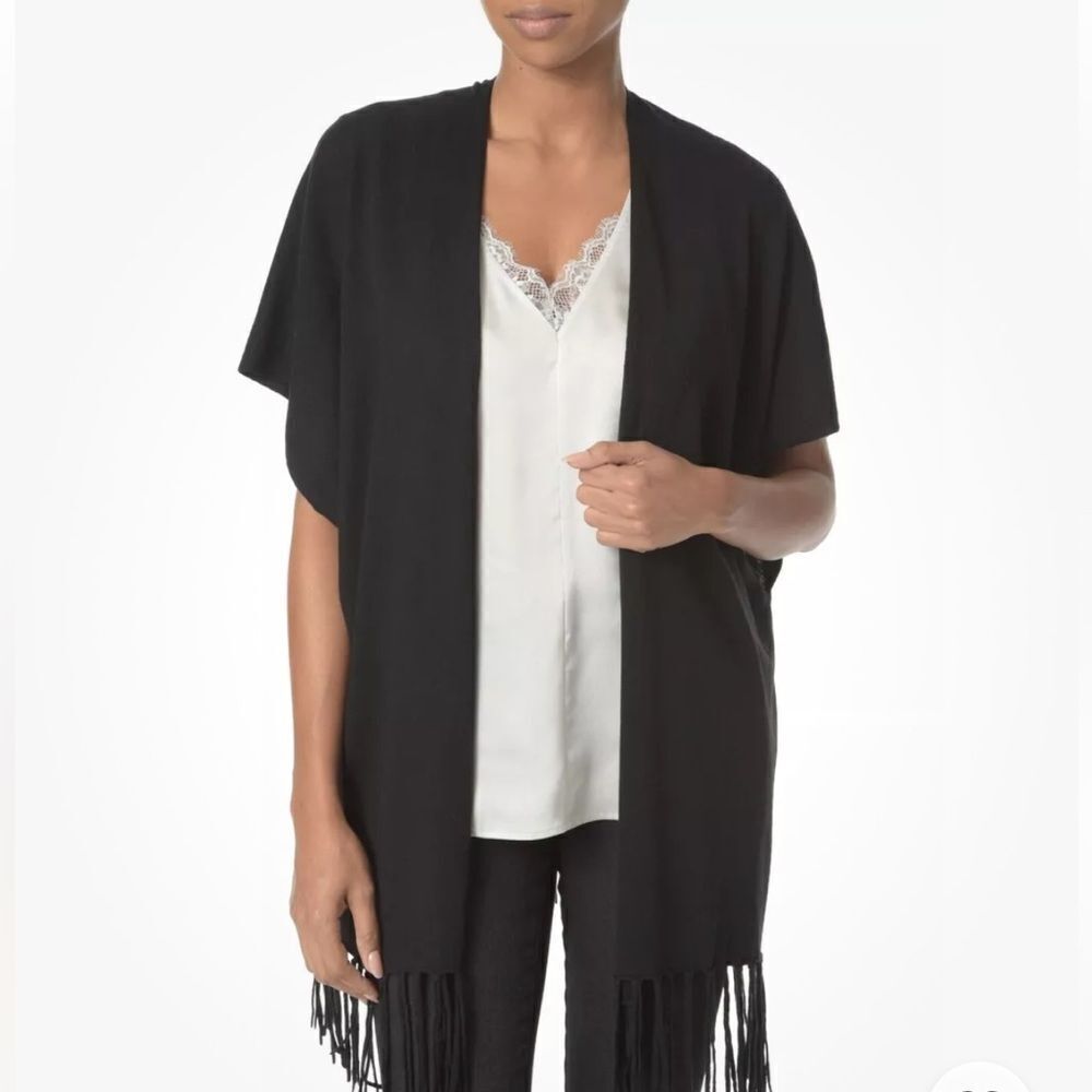 NYDJ Black Fringe Sweater Wrap Open Front Knit Shawl Poncho One Size
